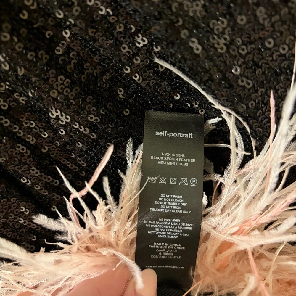 NWT Self-Portrait Black Feather-Trim Sequined Mini Dress Black Pink Size 12 - Picture 9 of 10